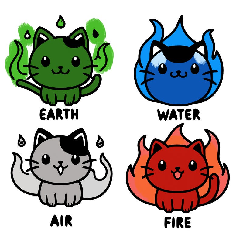 4 cats that are the 4 elements, earth, water, air, fire