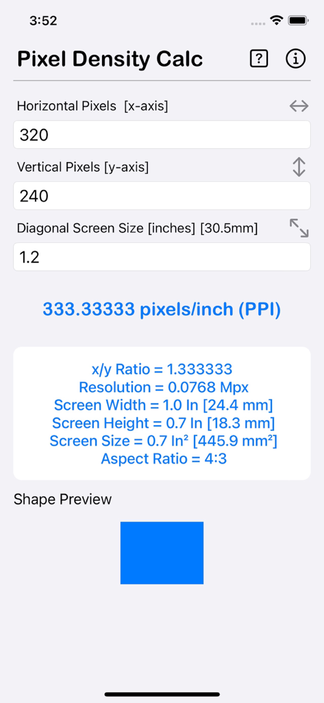 Pixel Density Calculator - ピクセル密度計算機アプリのインターフェイス。PPI結果と画面寸法を表示しています。
