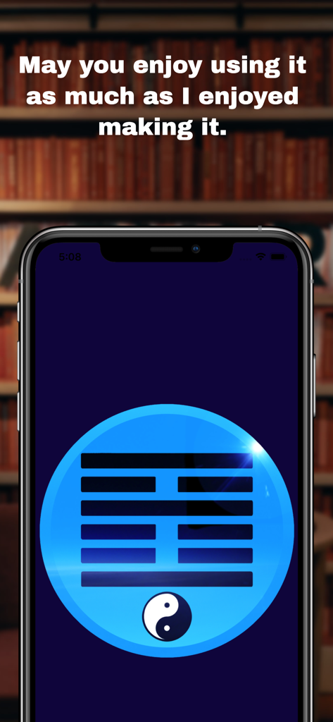 I-Ching App of Changes - A smartphone screen displaying a blue circular hexagram and yin yang icon from the I-Ching App of Changes