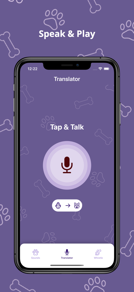 Dog Translator! Game for Dogs - Dog translator app interface with a large microphone button for human to dog voice translation.
