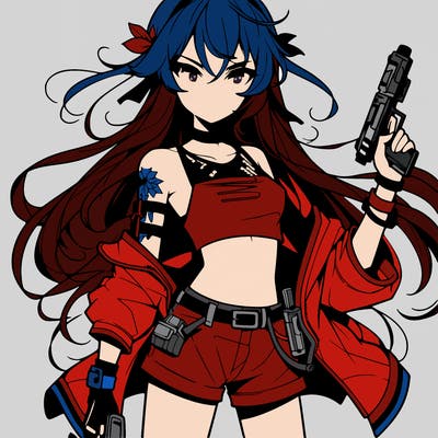bad girl wearing crop top holding a gun long hair anime