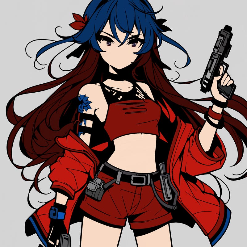 bad girl wearing crop top holding a gun long hair anime