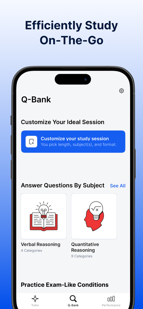 Manhattan Prep | GRE Practice - Manhattan Prep GRE practice app screen showing the Q-Bank section with options to customize study sessions and select Verbal or Quantitative Reasoning subjects.