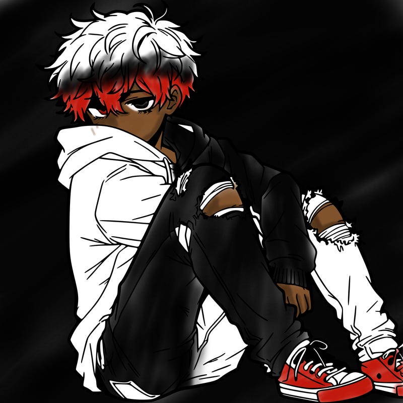 a male hoddie ripped jeans messy hair anime