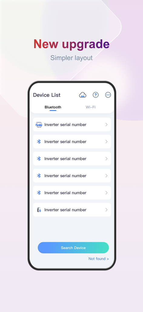 SolarGo mobile App Bildschirm, der eine Liste von Solarwechselrichtern für die Bluetooth-Verbindung anzeigt