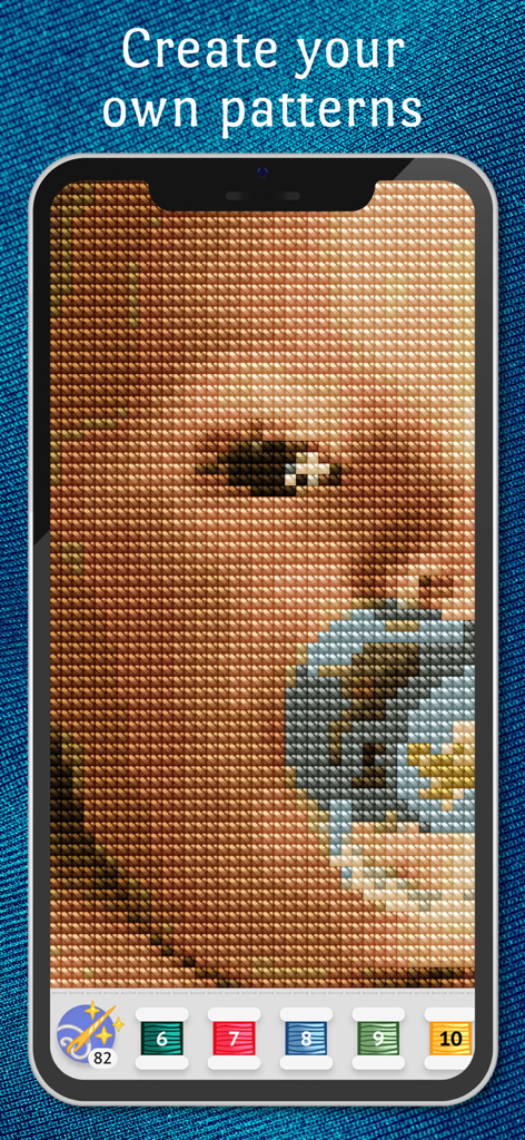 Smartphone showing the custom cross stitch pattern creation feature in Cross Stitch Club app