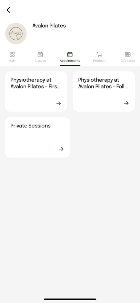 Avalon Pilates - Avalon Pilates app appointments screen showing booking options for physiotherapy and private sessions