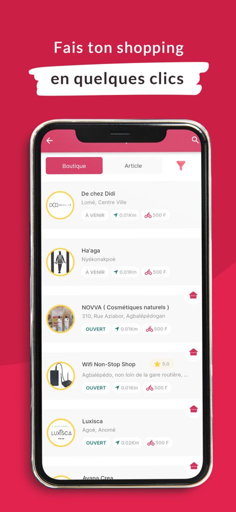 KABA - KABAアプリのブティックインターフェース。ロメ・トーゴでの配達のための地元店を表示