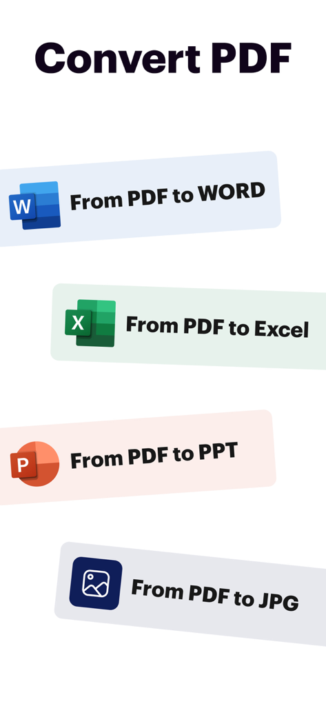 Word、Excel、PowerPointへのPDF変換オプションを表示するモバイル画面。