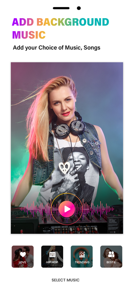 Interface para adicionar música de fundo a colagens de vídeo com categorias de músicas como hip hop e tendências