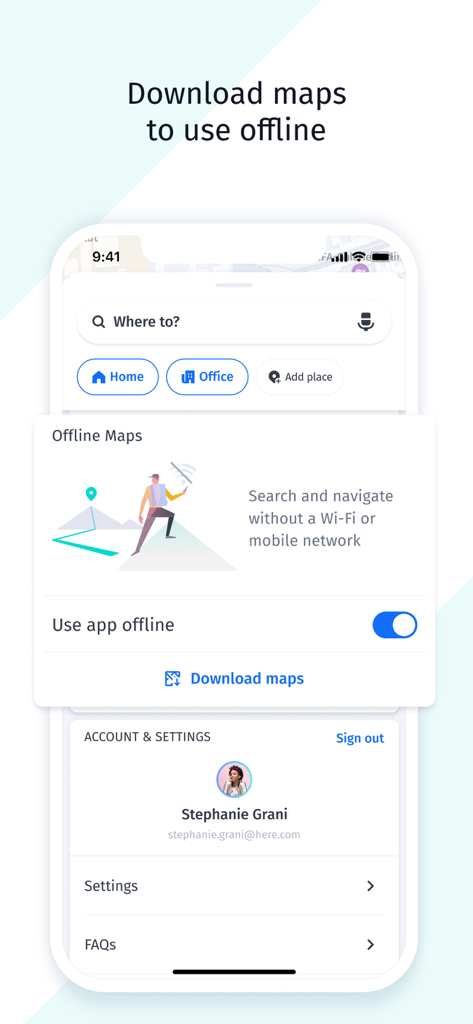 Interface of HERE WeGo app showing the offline maps feature to search and navigate without wifi or mobile network