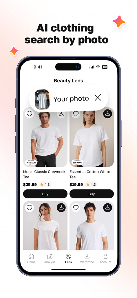 Beauty AI: Outfit & Closet - Interface of the Beauty AI app showing the AI clothing search by photo feature with fashion product results.