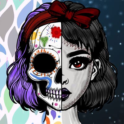 realistic girl with half skull mask