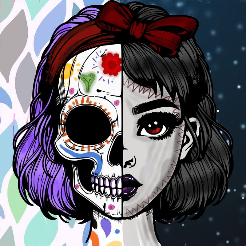 realistic girl with half skull mask