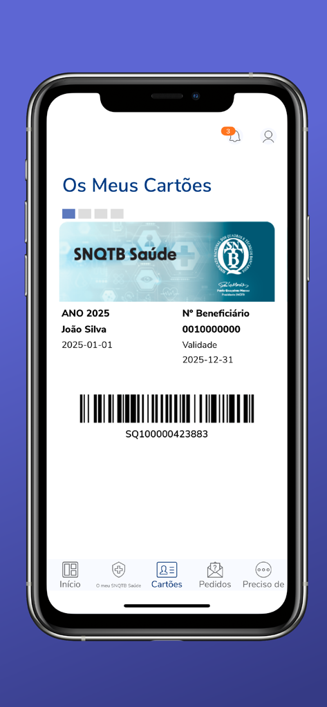 SNQTB - A digital health insurance card for SNQTB Saude displayed on a smartphone screen with member information and a barcode.