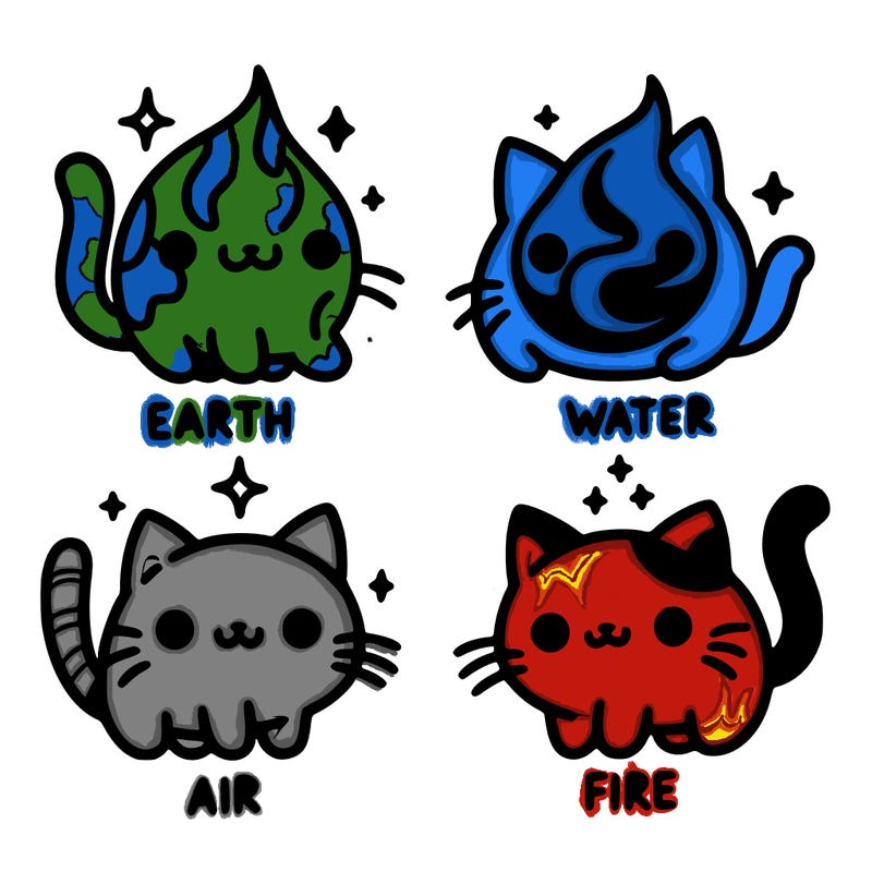 4 cats that represent the different elements, earth, water, air, and fire