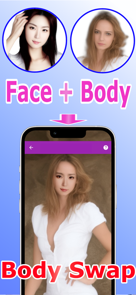 a1u1: Face Swap Collage.Click - Interface showing the face of an Asian woman swapped onto a different body in a white shirt.