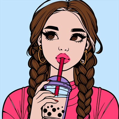 realistic girl with braided hair drinking boba