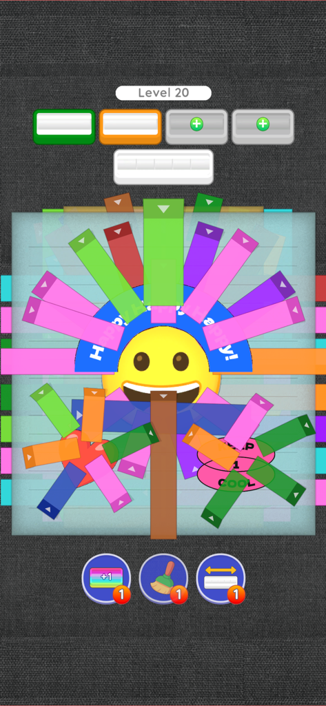 Untape - Gameplay screenshot of Untape at level 20 showing colorful tapes layered over a yellow smiley face emoji