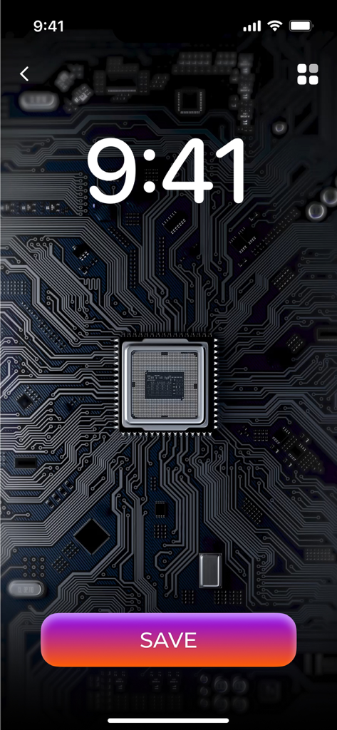 Charging Animation for Battery - A futuristic charging animation screen featuring a detailed microchip and circuit board design with a gradient save button