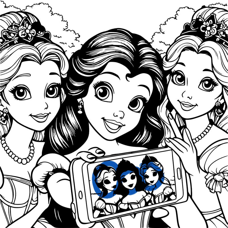 fairytale princesses who take a selfie together realistic