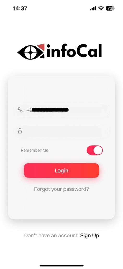 InfoCal - Optical Solutions - Pantalla de inicio de sesión para la aplicación móvil InfoCal Optical Solutions con campos para número de teléfono y contraseña