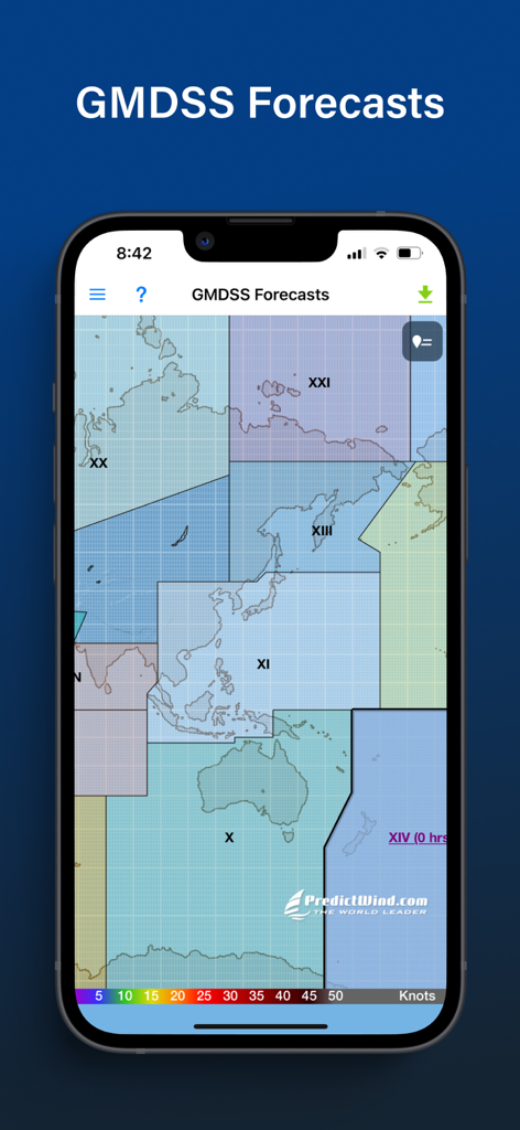 Aplicación PredictWind Offshore Weather que muestra las zonas de pronóstico marítimo GMDSS en un mapa