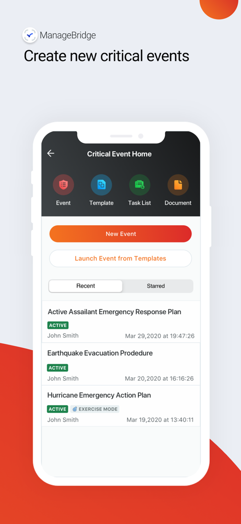 ManageBridge - ManageBridge app interface for creating and managing critical emergency events