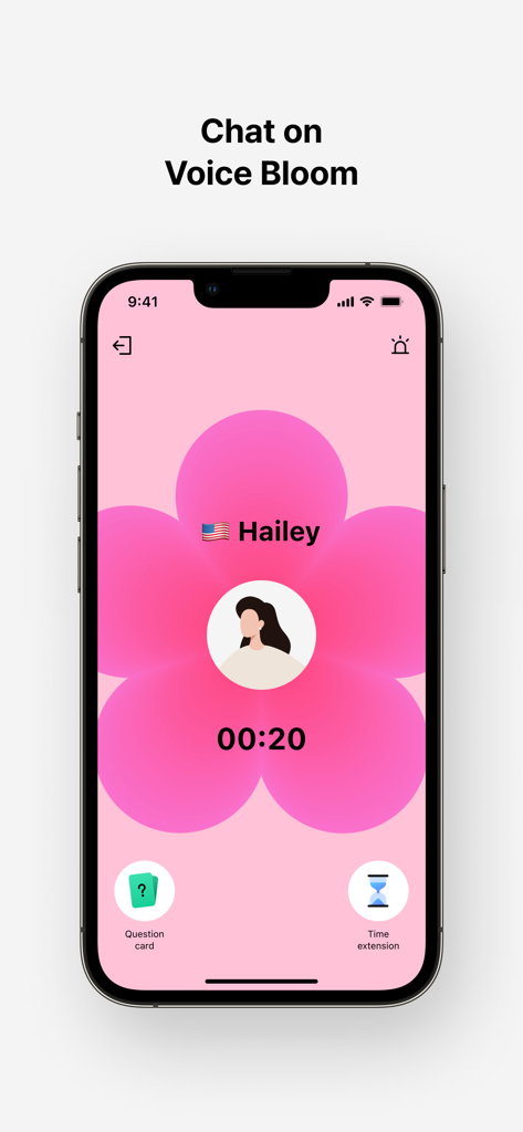 MEEFF - Make Global Friends - The Voice Bloom feature on the MEEFF app showing a voice chat screen with a user from the USA.