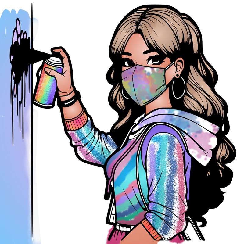 realistic girl with mask spray painting a wall