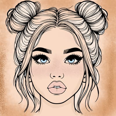 realistic girl with two buns on her hair and lips