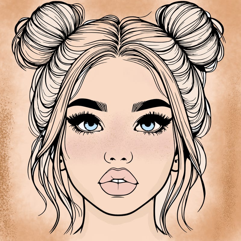 realistic girl with two buns on her hair and lips