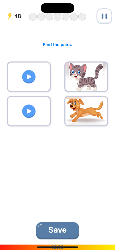 The Big Challenge PLAY - Oberfläche eines Lernspiels zum Vokabellernen mit Illustrationen von Katzen und Hunden sowie Audiowiedergabetasten