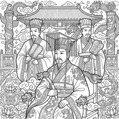 Step into the grandeur of imperial China with this magnificent coloring page featuring three revered Ancient Chinese Emperors. Adorned in their elaborate robes and surrounded by symbols of power, this design offers a rich historical journey for your artistic touch.