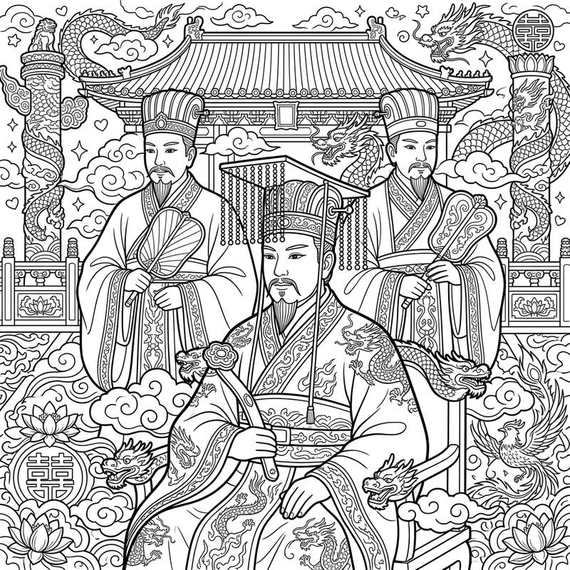 Step into the grandeur of imperial China with this magnificent coloring page featuring three revered Ancient Chinese Emperors. Adorned in their elaborate robes and surrounded by symbols of power, this design offers a rich historical journey for your artistic touch.