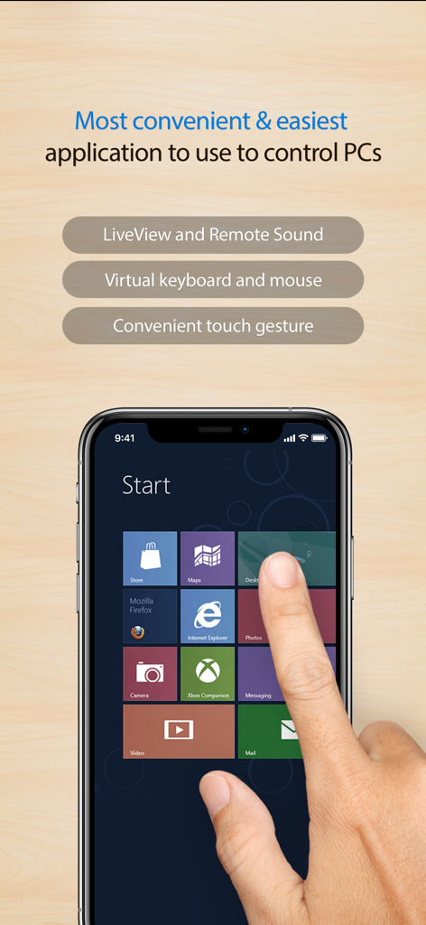 RemoteView mobile app showing remote control of a computer desktop via touch interface