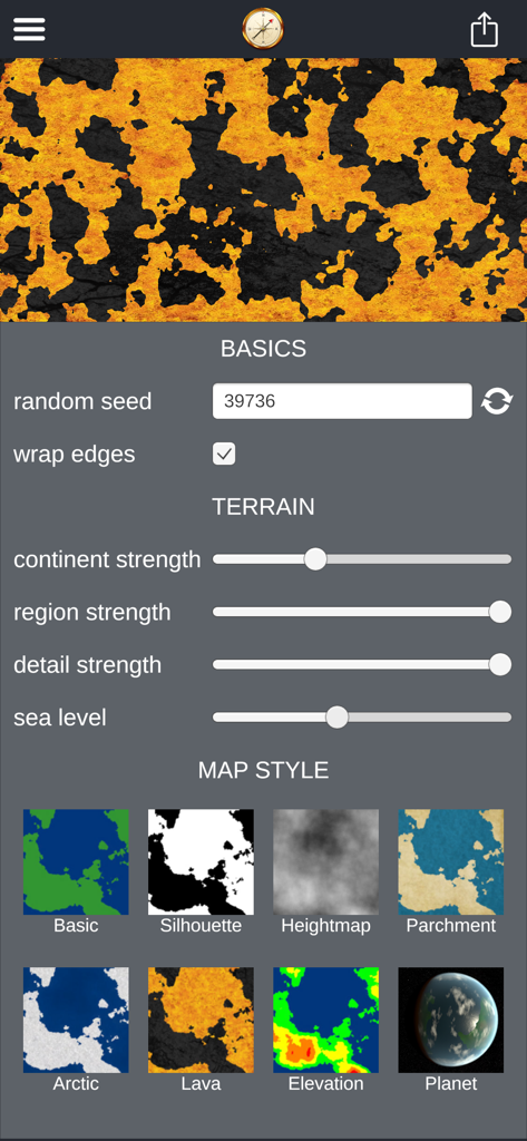 Cartographer - RPG World Maker - Interfaz de Cartographer Creador de mundos RPG que muestra controles deslizantes de terreno y estilos de mapa como Lava y Pergamino.