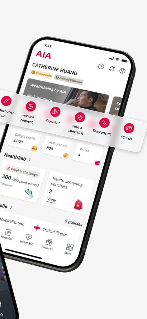 Interfaz de la aplicación AIA Plus Singapur que muestra el panel de control de seguimiento de salud de la cartera de seguros y recompensas.