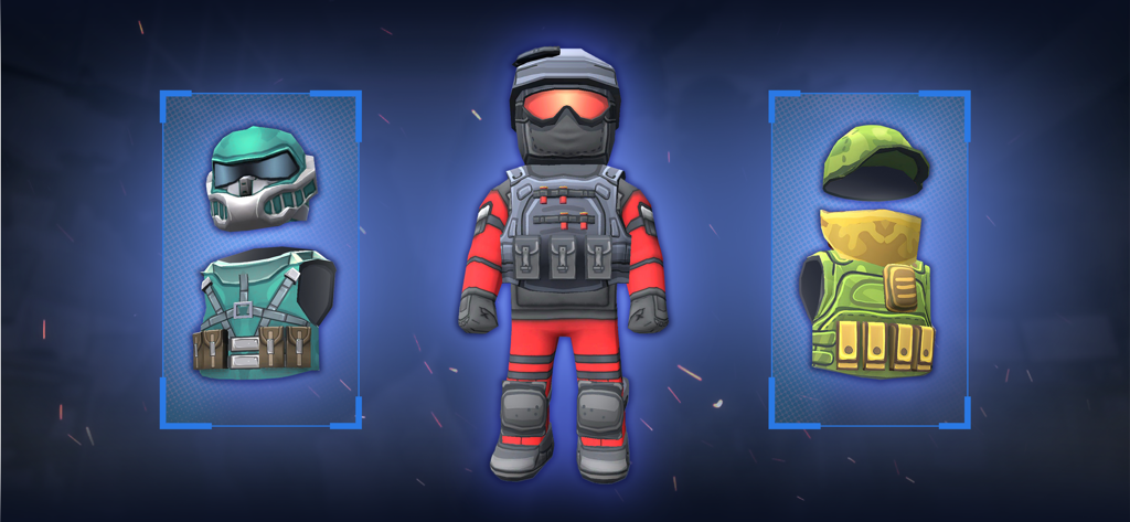 KUBOOM: Online shooting games - 様々な戦術的な鎧とヘルメットセットを示すKUBOOMキャラクターカスタマイズ画面