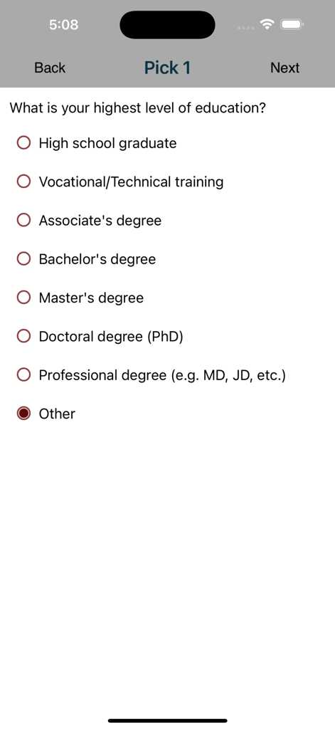 iSURVEY - Offline Survey Forms - A mobile survey screen in the iSURVEY app asking for the users highest level of education with multiple choice options
