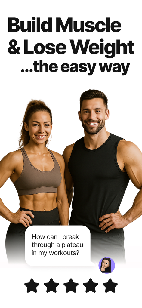 Soma Gym & AI Calorie Tracker - Fit man and woman showcasing fitness results with text about building muscle and losing weight using the Soma Gym app.