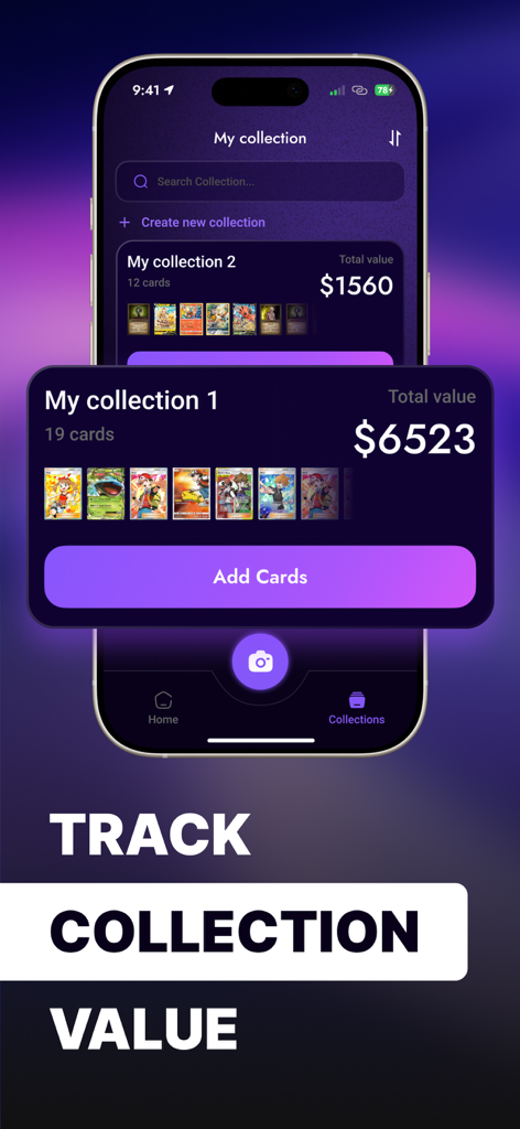 Identify Card Value: TCG Scan - Interface of the TCG Scan app showing trading card collections with their total market value