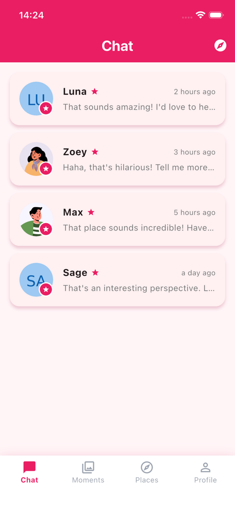 Quin - Chat & Community - Interfaz de la aplicación Quin que muestra una lista de conversaciones con los usuarios Luna Zoey Max y Sage