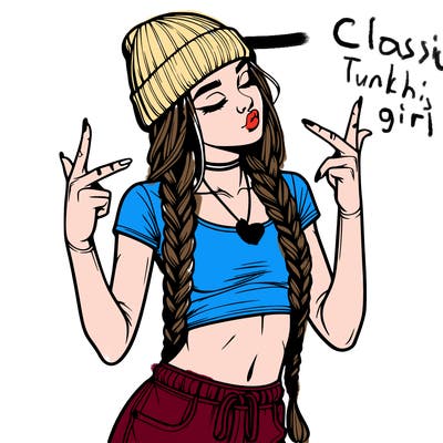 realistic teenage girl with braids and a beanie and crop top doing 🫶🏼