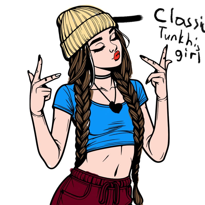 realistic teenage girl with braids and a beanie and crop top doing 🫶🏼