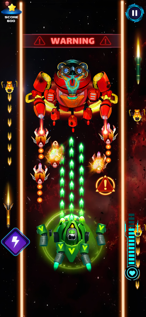 Orbital Strike Space Shooter - Gameplay of Orbital Strike Space Shooter featuring a green starship attacking a massive red boss enemy in space.