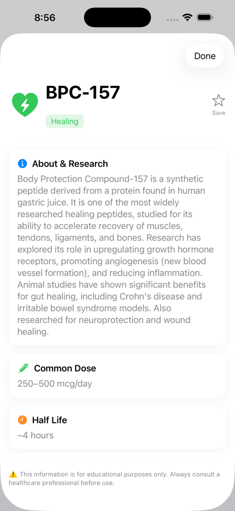 PepWise - Peptide Tracker - Detailed info page for BPC-157 peptide in the PepWise app showing research summary dosage and half life