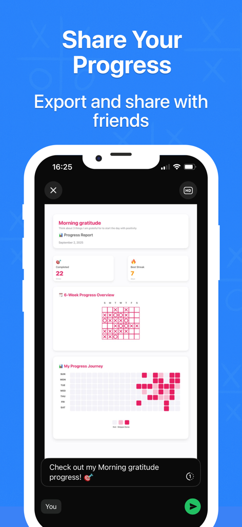 HabitX app interface showing a detailed progress report for morning gratitude with a sharing option