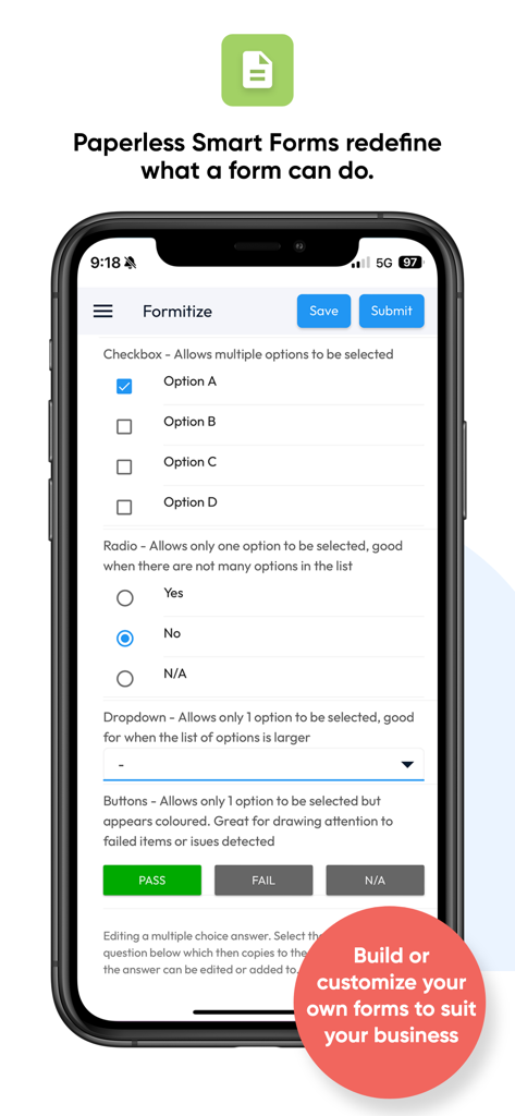 Formitize - Interface do aplicativo móvel Formitize mostrando formulários inteligentes sem papel personalizáveis com opções de caixa de seleção e rádio.