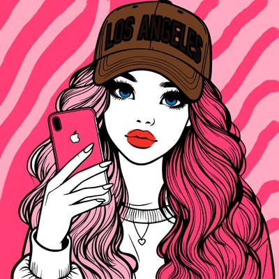 realistic beautiful girl wearing los ángeles cap holding an iphone